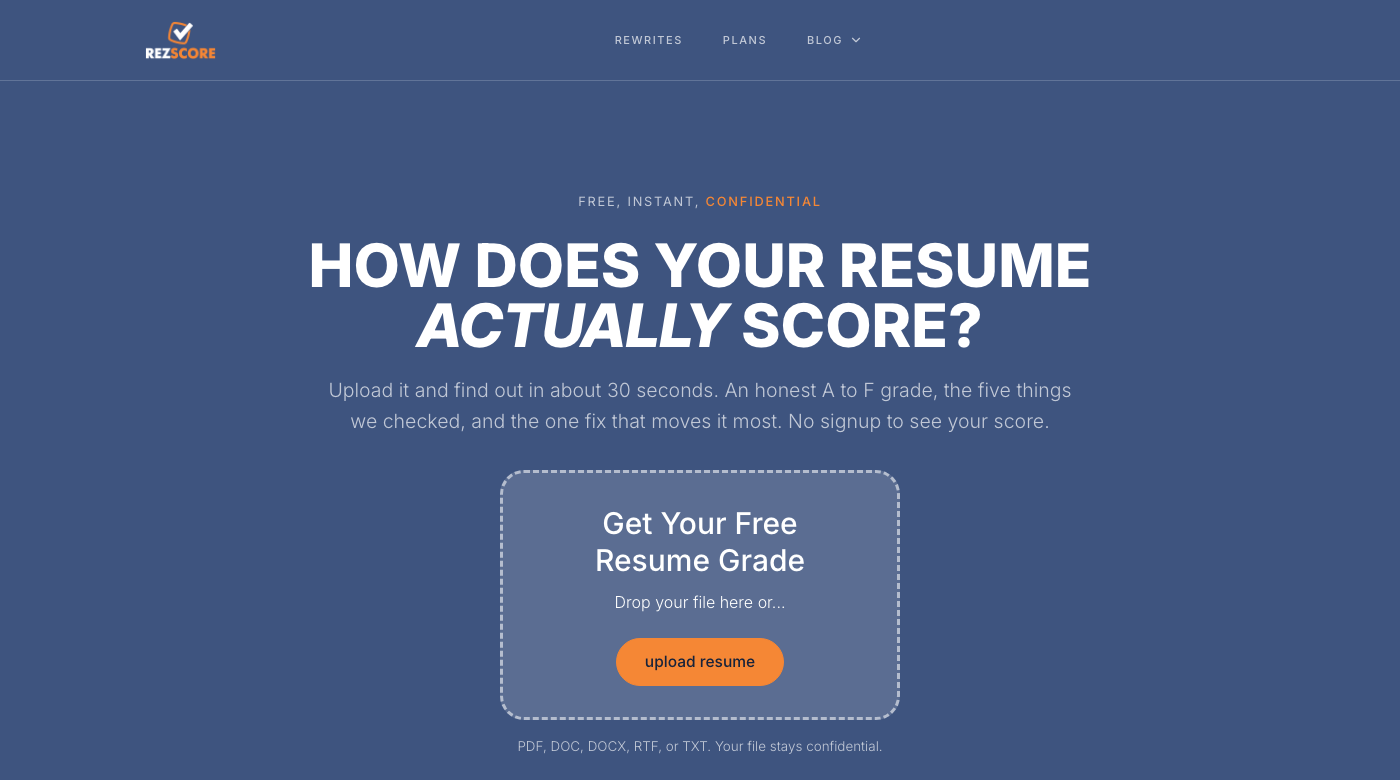 The redesigned RezScore homepage: a navy hero with the headline "How does your resume actually score?" and the upload box